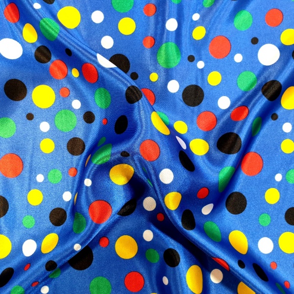 Multi Coloured Polkadot On Black Satin Fabric